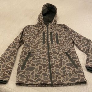 BURLEBO Men's Hooded Camouflage Softshell Jacket in Gray and Brown